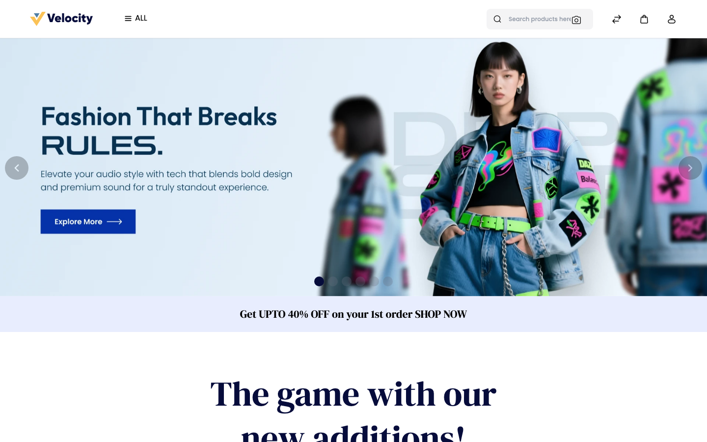 The Bagisto storefront home page with the search bar, the cart and account icons and the default theme's banner carousel