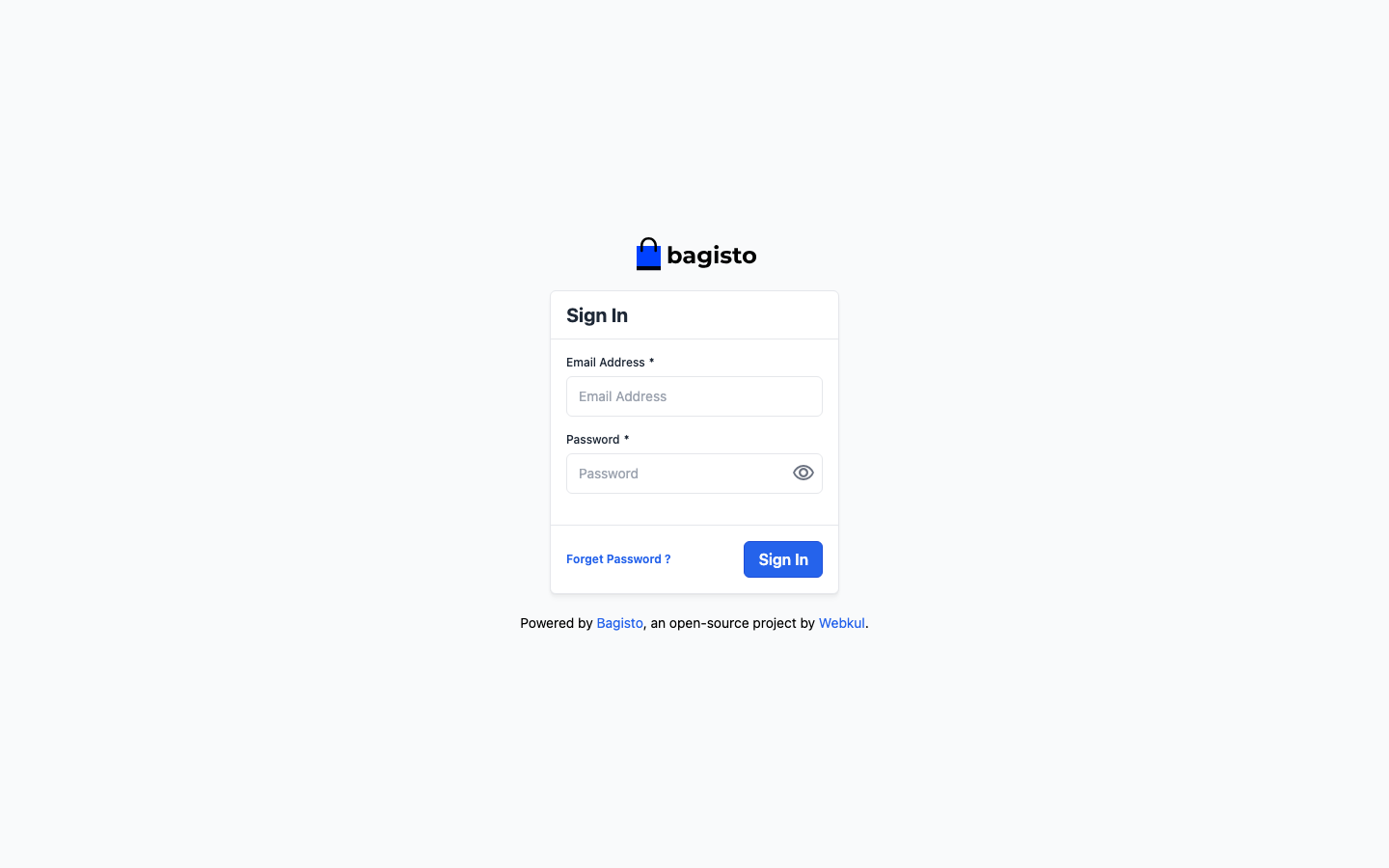 The Bagisto admin Sign In page with the Email Address and Password fields