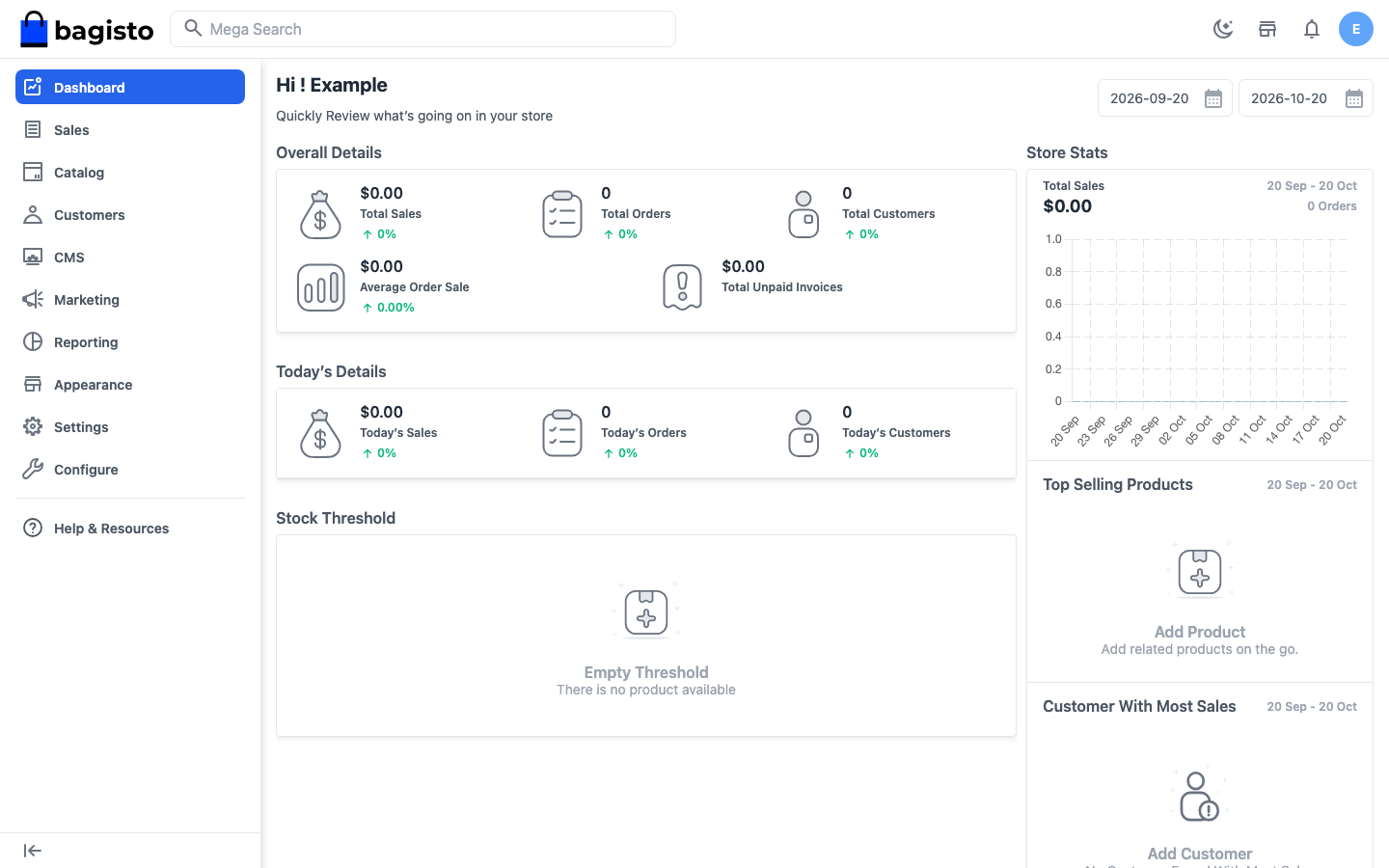 The Bagisto admin dashboard with Overall Details, Today's Details, Stock Threshold and Store Stats and the Sales, Catalog, Customers, CMS, Marketing, Reporting, Appearance, Settings and Configure menu