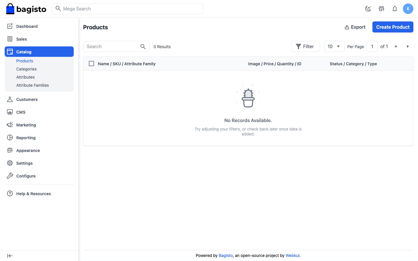 The Catalog Products page with Export, Create Product and an empty product table