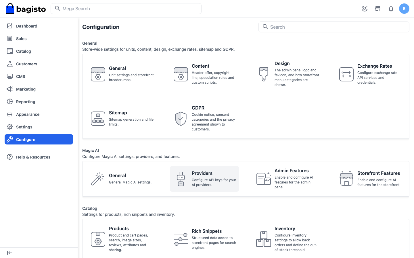 The Configuration page with the General, Content, Design, Exchange Rates, Sitemap, GDPR, Magic AI and Catalog sections