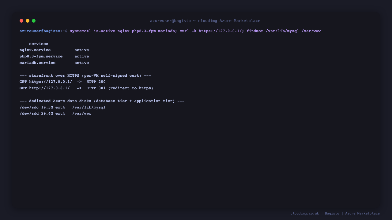 Service status, HTTPS storefront and dedicated data disks