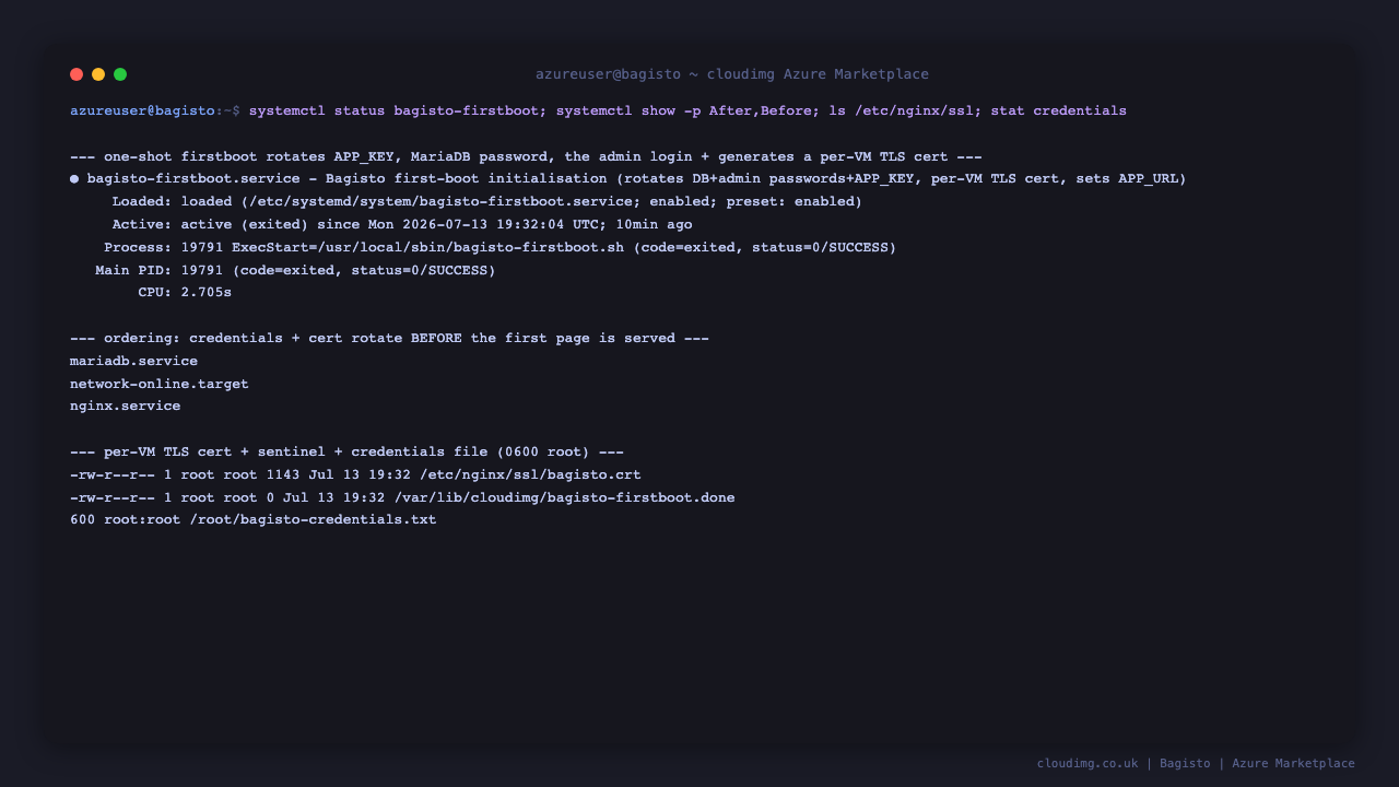 First-boot service, systemd ordering and per-VM certificate