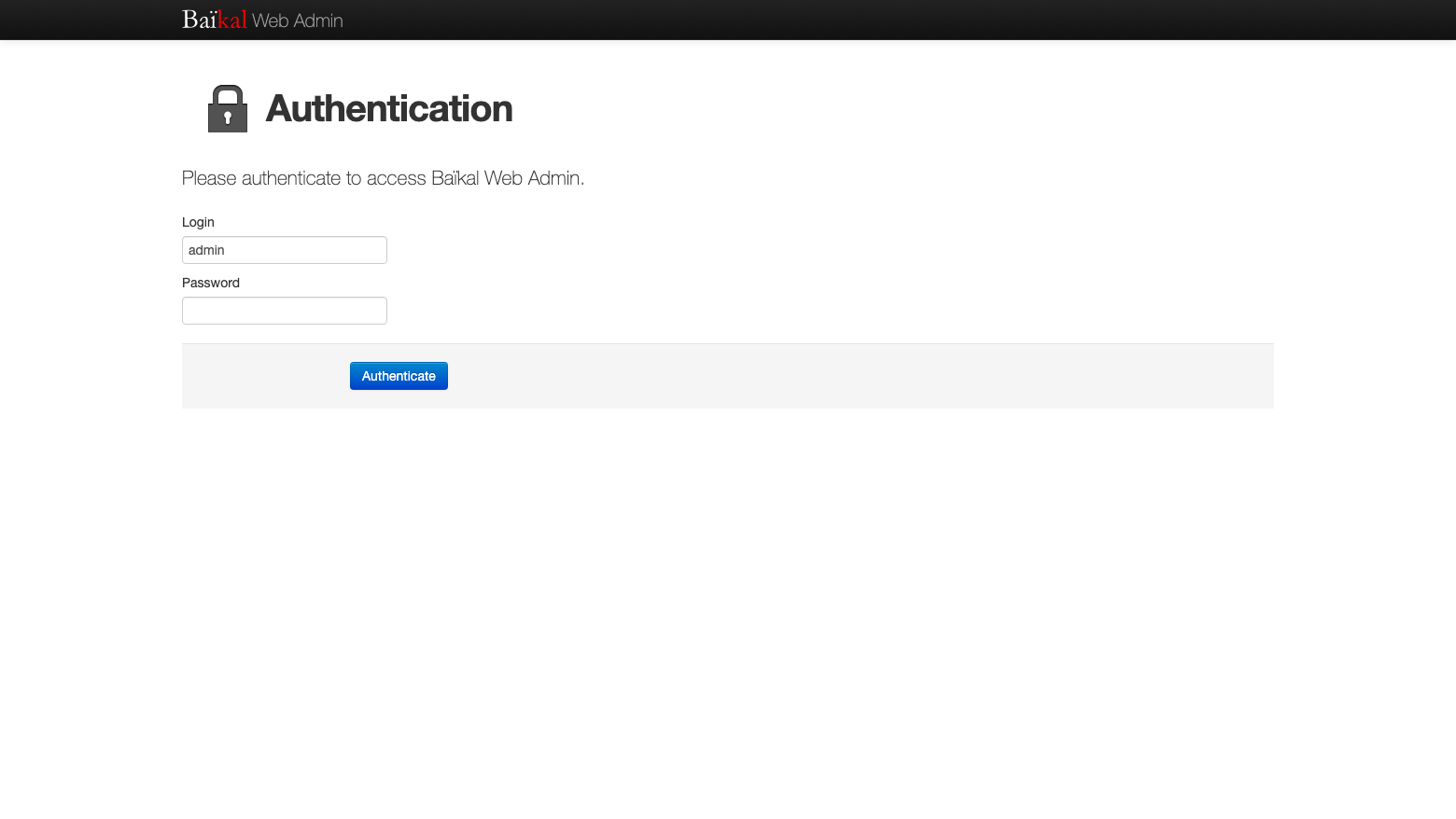 The Baikal Web Admin authentication page with the Login and Password fields