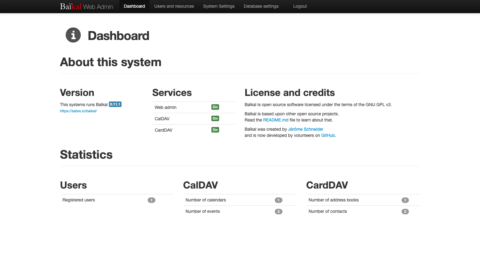 The Baikal dashboard showing version 0.11.1, the Web admin, CalDAV and CardDAV services on, and statistics for one user, one calendar with three events and one address book with two contacts