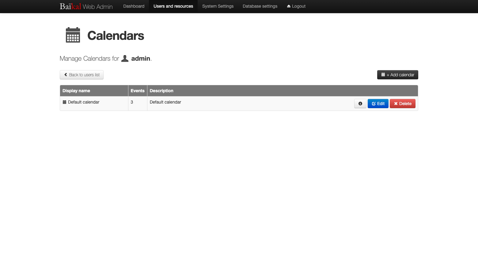 The calendars page for user admin, listing the Default calendar with three events and its Edit and Delete buttons