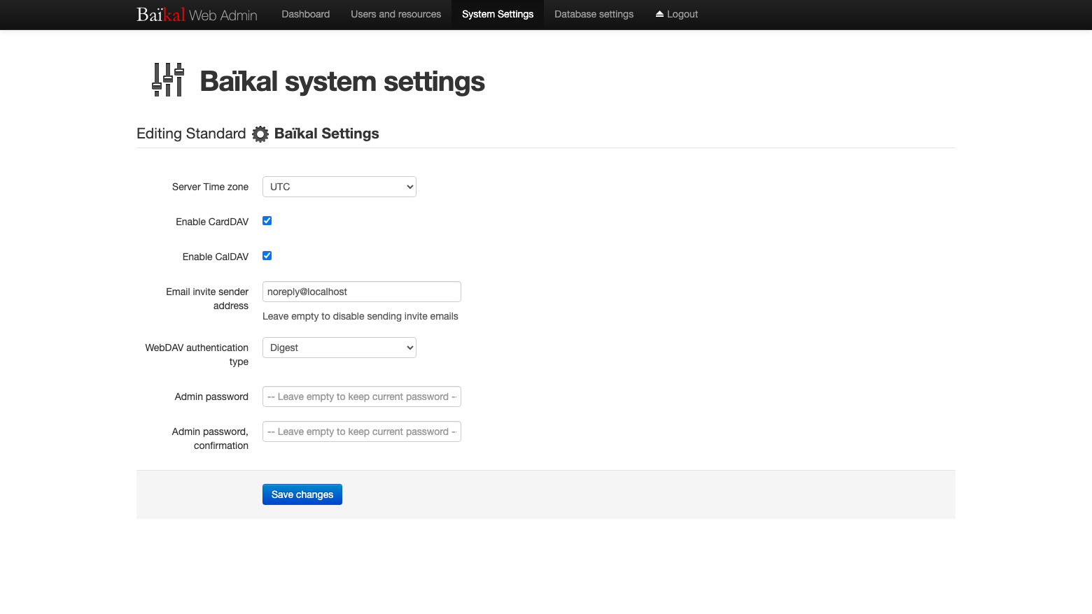 The Baikal system settings page with the time zone, Enable CardDAV and CalDAV, the email invite sender, WebDAV authentication type Digest and the admin password fields