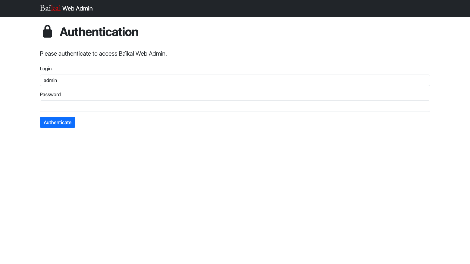 The Baikal Web Admin authentication page with the Login and Password fields