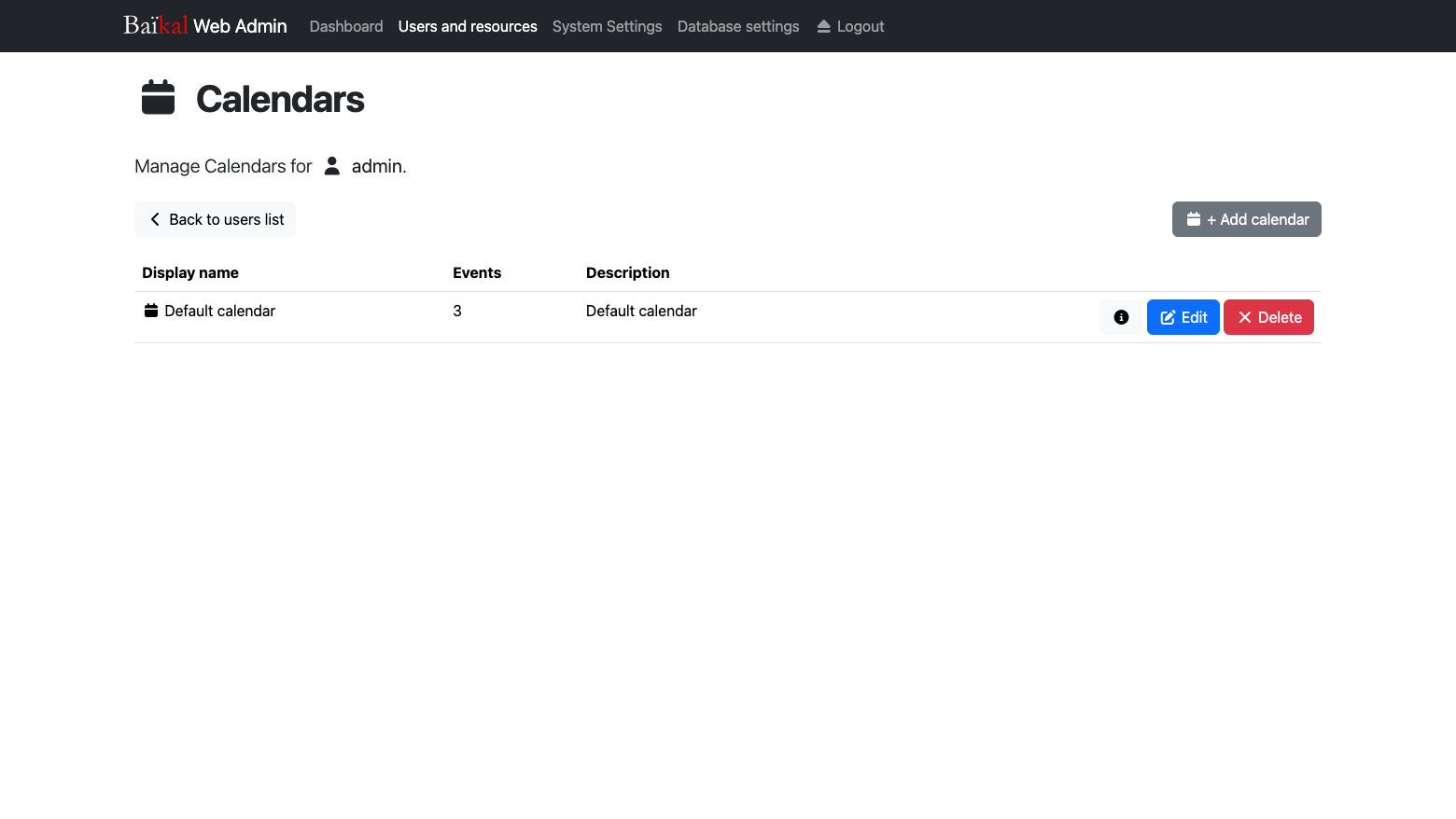 The calendars page for user admin, listing the Default calendar with three events and its Edit and Delete buttons