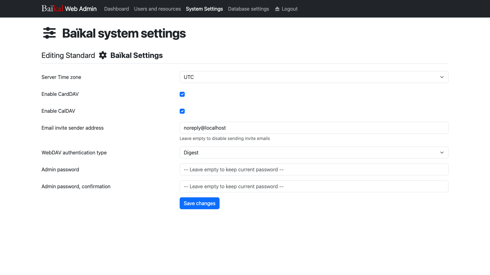The Baikal system settings page with the time zone, Enable CardDAV and CalDAV, the email invite sender, WebDAV authentication type Digest and the admin password fields