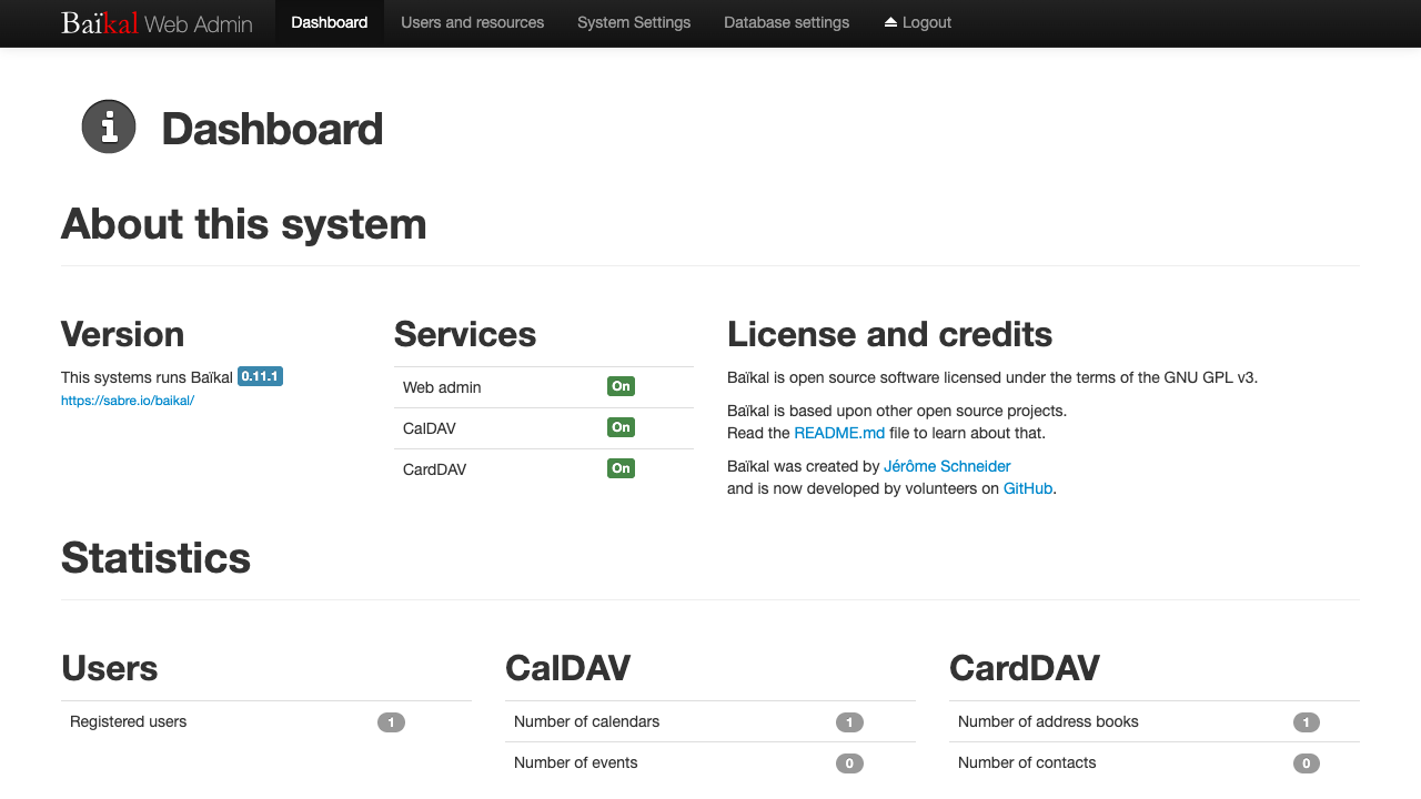 Baikal admin dashboard