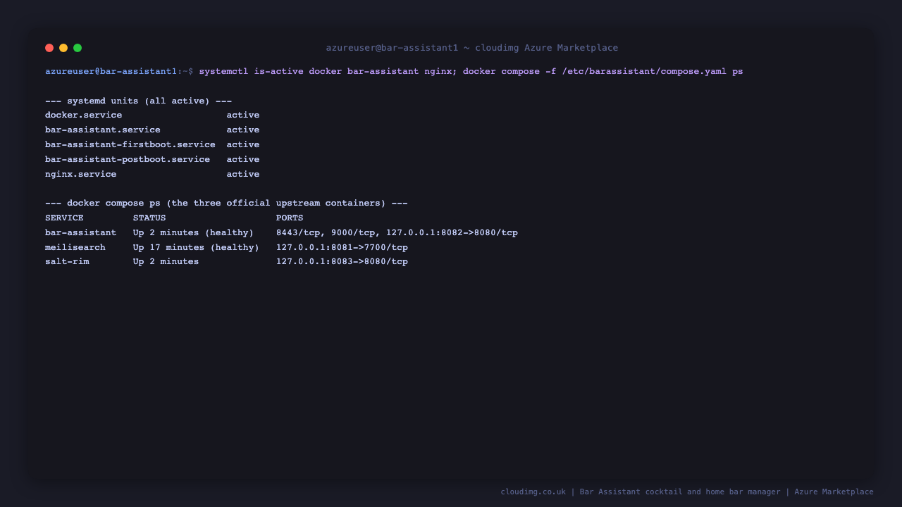 The docker, bar-assistant, nginx, firstboot and postboot services all active, and the three compose containers (bar-assistant server, Meilisearch and Salt Rim) running and healthy