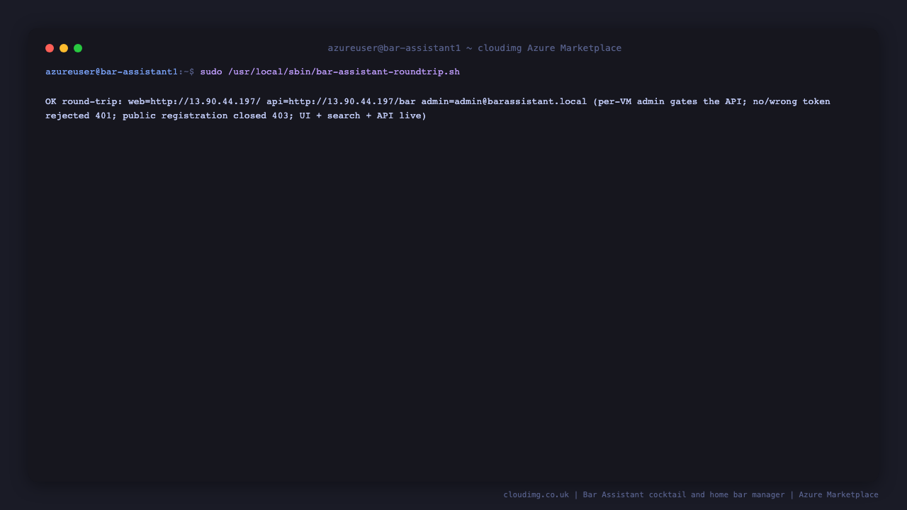 The bundled round trip script reporting OK: the web client, search and API are live, no and wrong tokens are rejected with 401, and the per instance admin credential authenticates a real API call