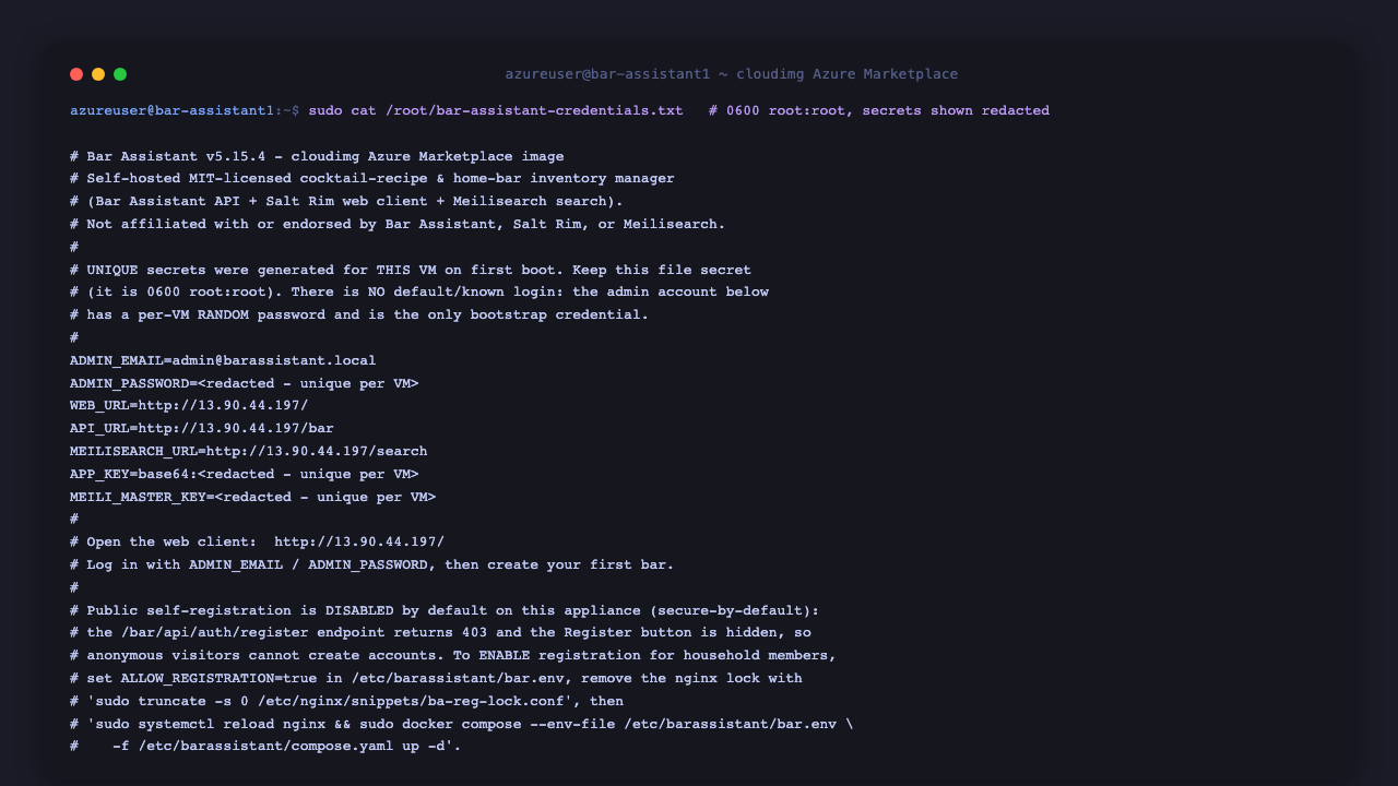 The bar-assistant-credentials.txt file at mode 0600 root root with the per VM admin email and password, URLs, application key and Meilisearch master key, the secrets redacted, and a note that they are generated uniquely on first boot