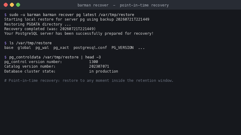 barman recover restoring the latest base backup to a target directory and pg_controldata confirming a structurally valid recovered PostgreSQL data directory