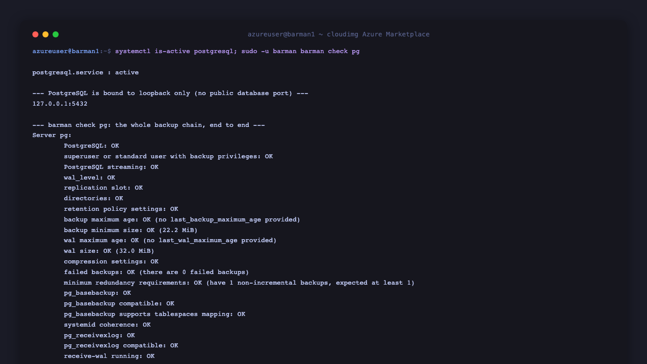 PostgreSQL reports active and barman check pg prints every check as OK including PostgreSQL, PostgreSQL streaming, wal_level, replication slot, receive-wal running, pg_basebackup and minimum redundancy requirements, confirming the backup source and WAL streaming are healthy