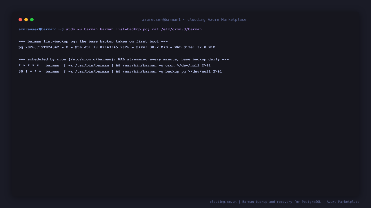 barman list-backup pg lists the base backup taken on first boot with its backup id, status F for a full backup, the completion time, the backup size and the WAL size