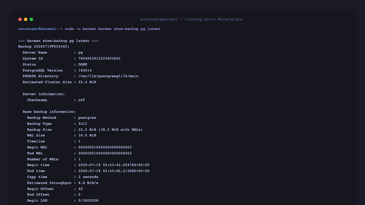 barman show-backup pg latest prints the detail of the latest backup including status DONE, the PostgreSQL version, the backup method postgres, the estimated cluster size, the begin and end WAL, the LSN range and the retention policy shown as VALID