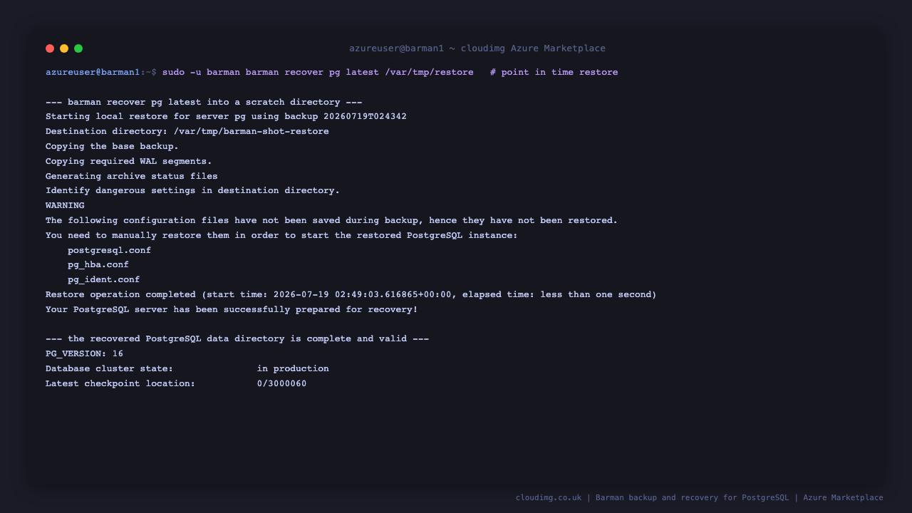 barman recover pg latest restores the latest backup into the scratch directory, copies the base backup and the required WAL segments, notes that the postgresql configuration files live outside the data directory and prints that the PostgreSQL server has been successfully prepared for recovery