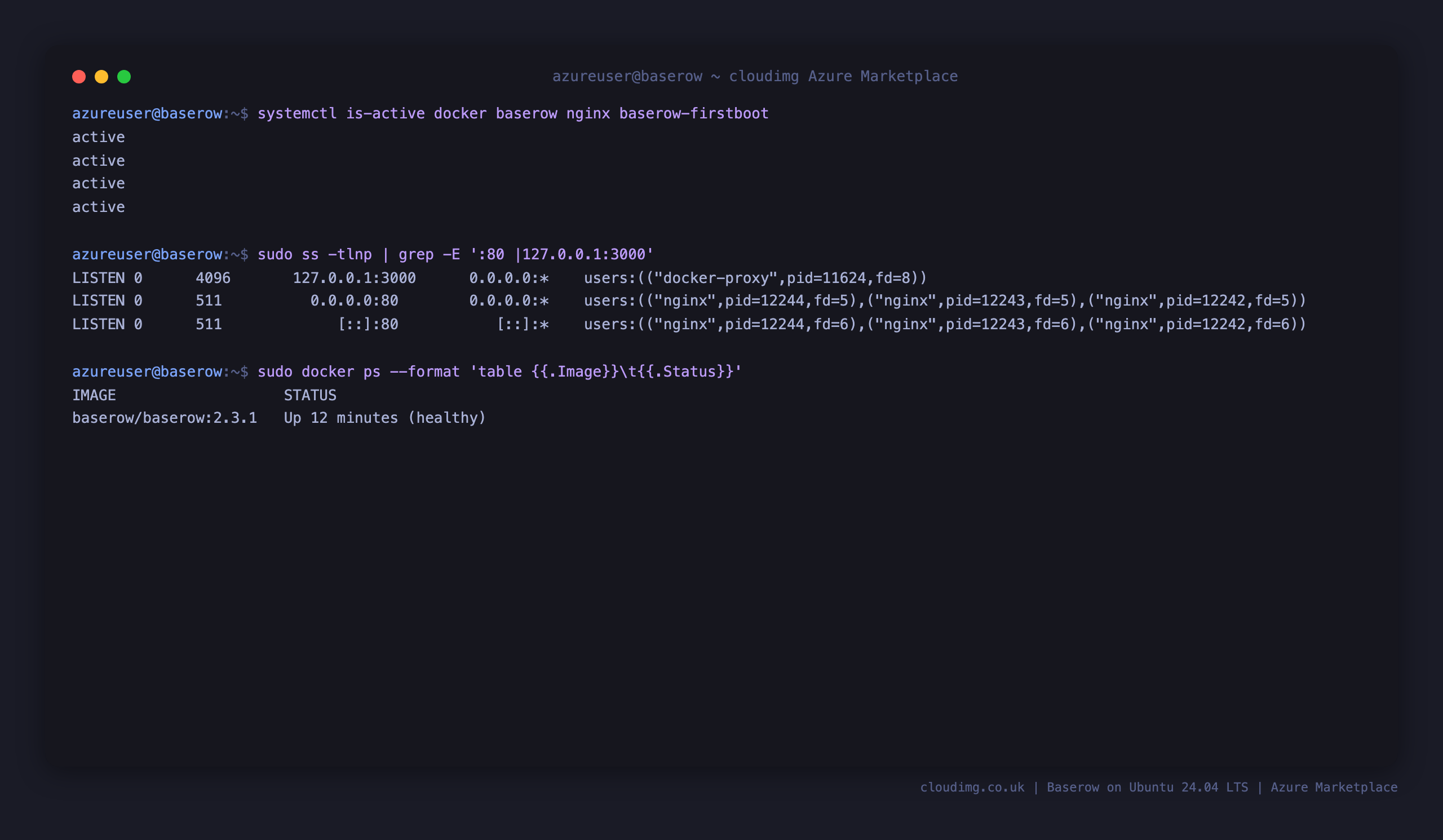 Baserow services active, loopback binding, and the healthy container on the VM