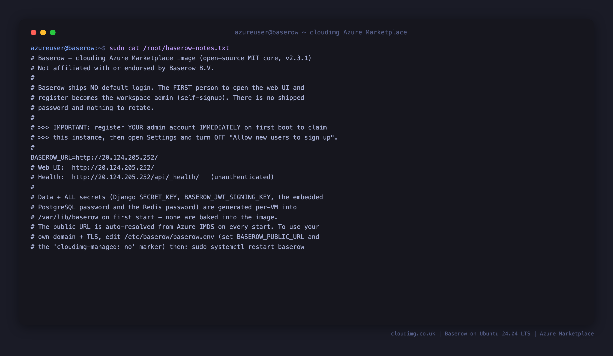 Baserow per-VM notes describing the first-signup admin model