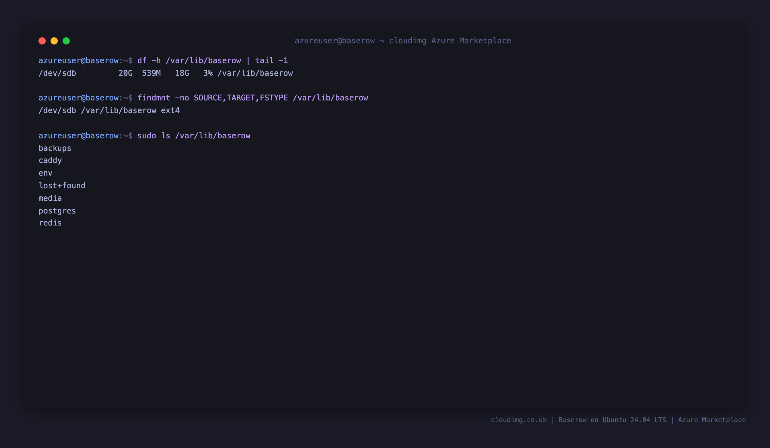 Baserow data disk mounted at /var/lib/baserow with the PostgreSQL cluster