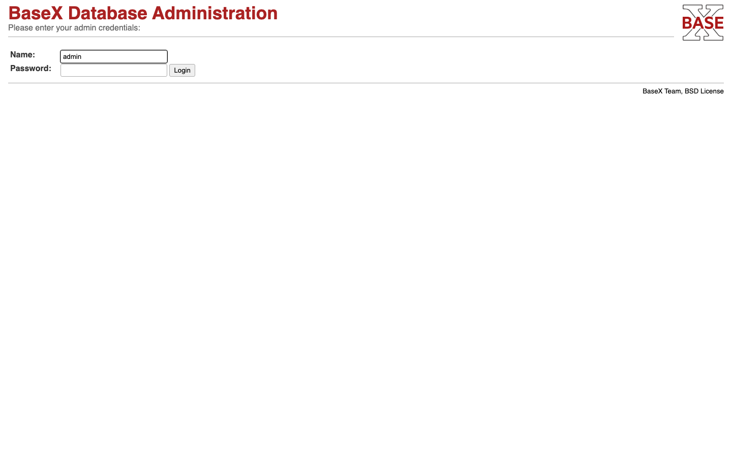 The BaseX Database Administration sign in page served by the cloudimg image, asking for the admin name and password