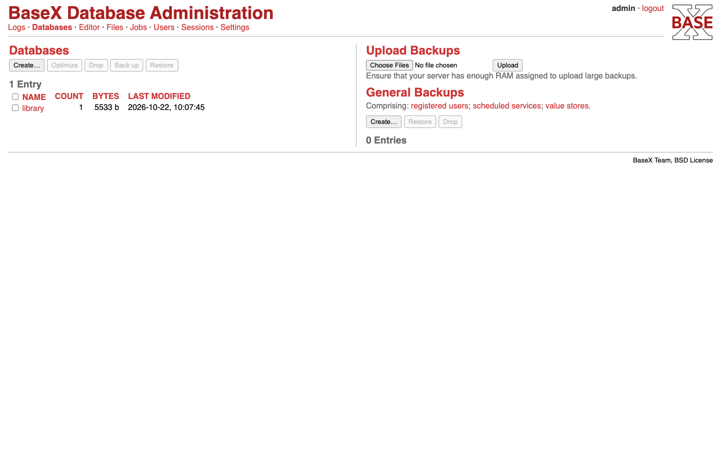 The BaseX DBA Databases page listing the library database with one resource of 5533 bytes, with the create, optimize, drop, back up and restore actions and the general backups panel
