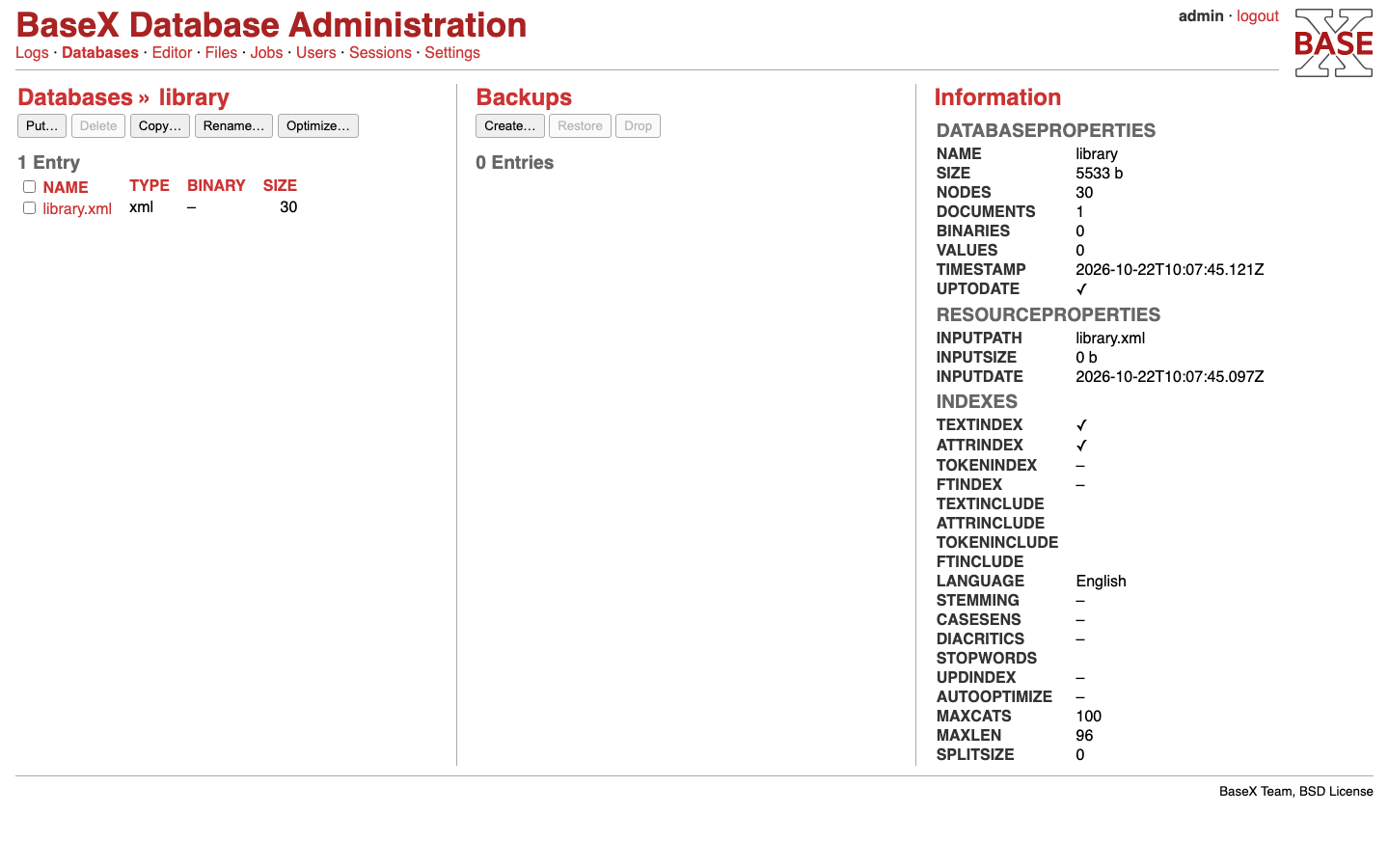 The BaseX DBA page for the library database, showing the library.xml resource and the database properties: 30 nodes, one document, and the text and attribute indexes switched on