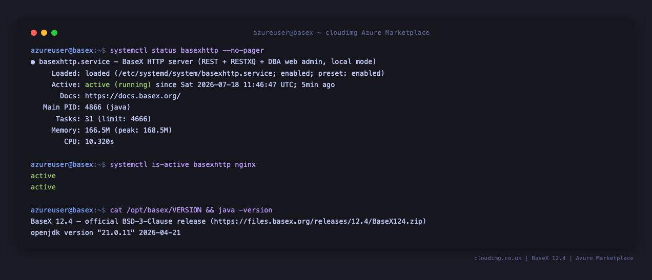 Terminal showing the basexhttp and nginx services active, the basexhttp service status, and the installed BaseX 12.4 version with the OpenJDK 21 runtime