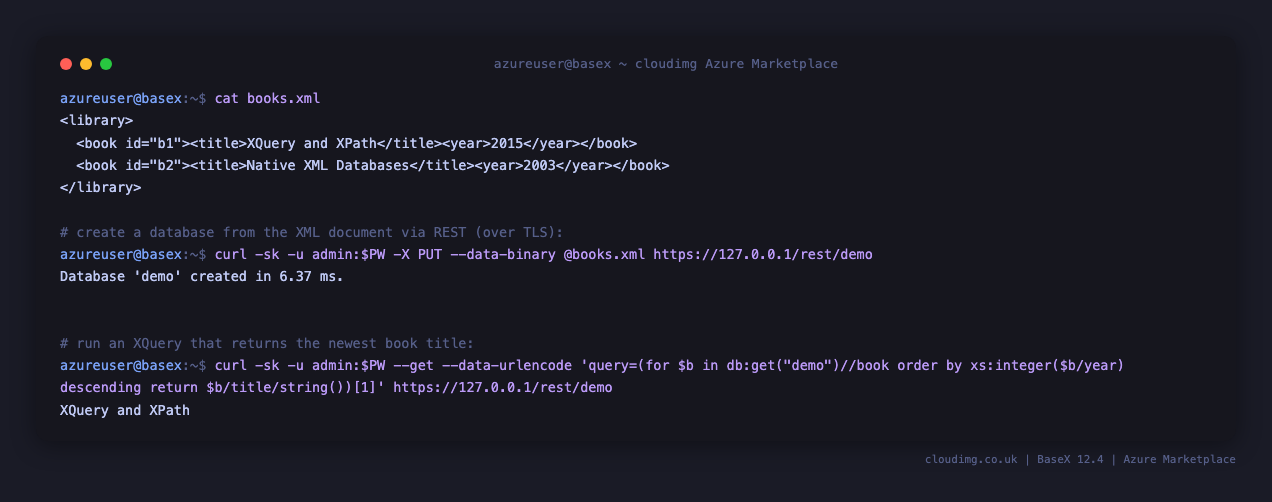 Terminal showing an XML round trip over REST: an XML document, a PUT that creates the database, and an XQuery that returns the newest book title from it