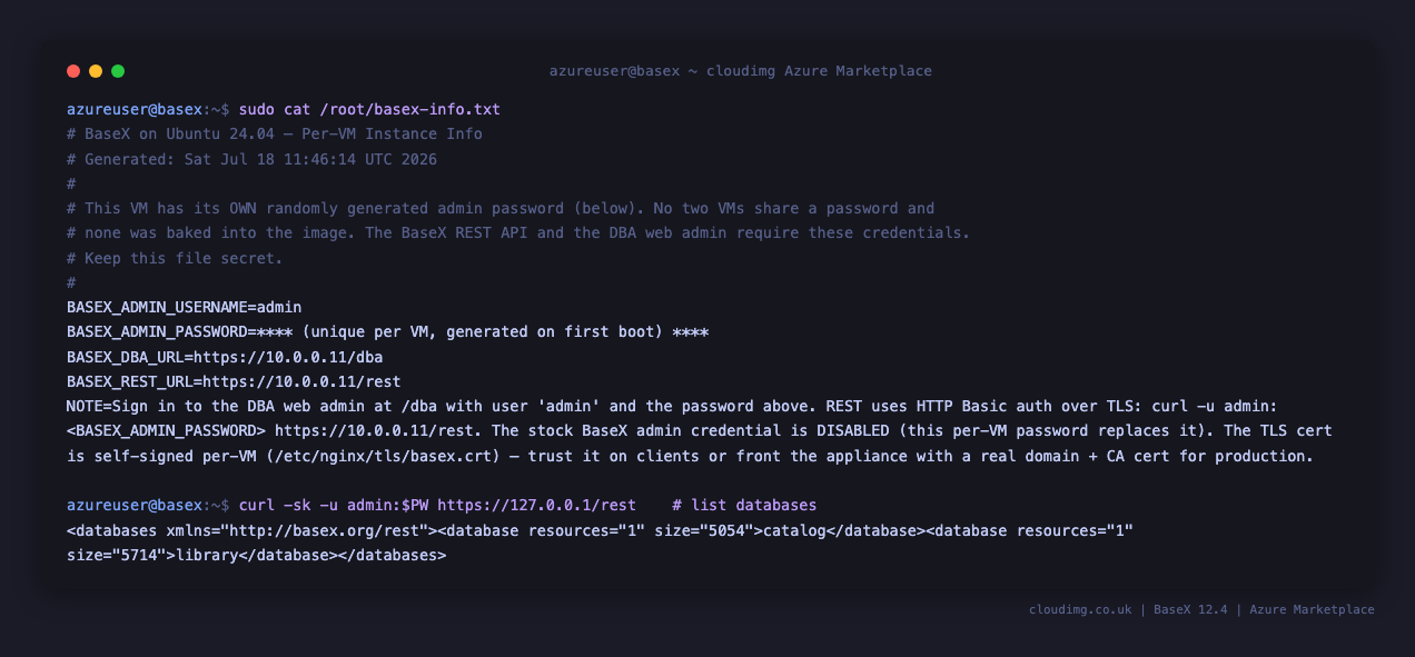 Terminal showing the per VM instance info note with the admin username, the masked admin password, the DBA and REST URLs, and a REST call listing the databases