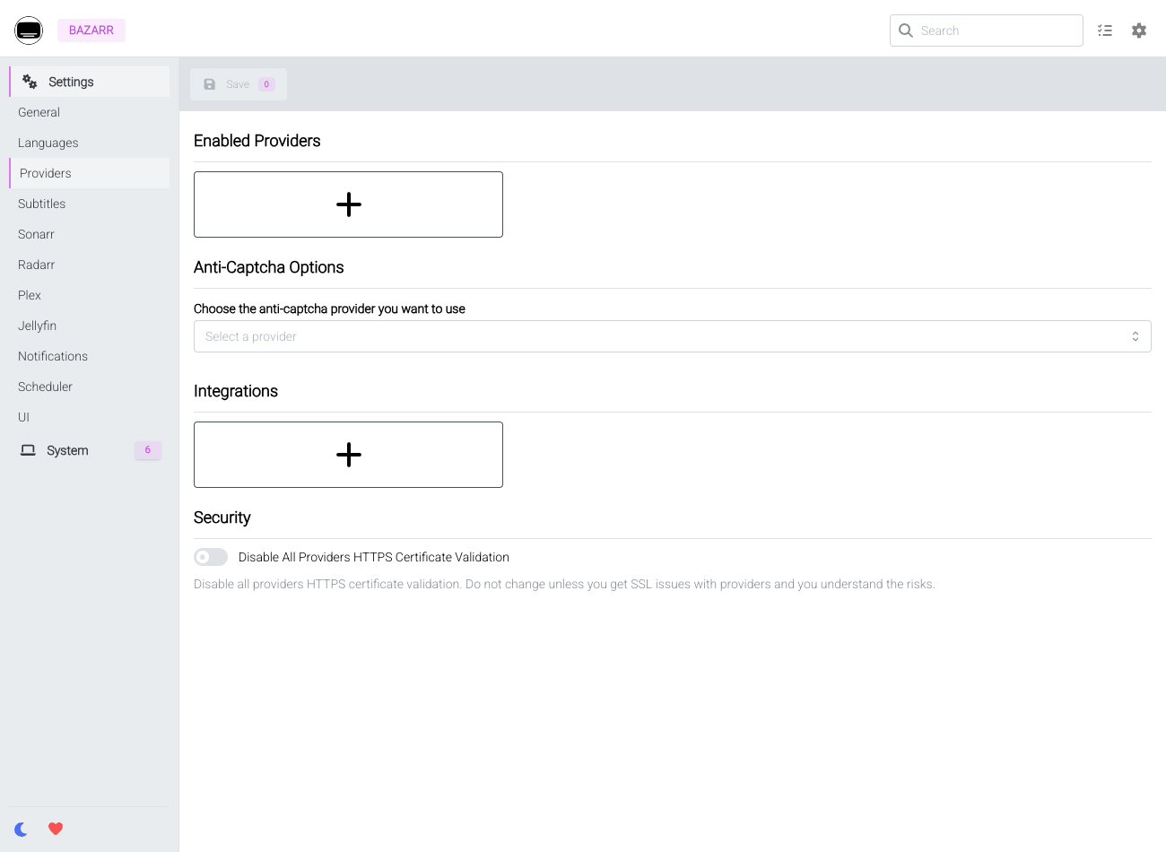 The Bazarr providers settings, where you enable the subtitle sources Bazarr searches