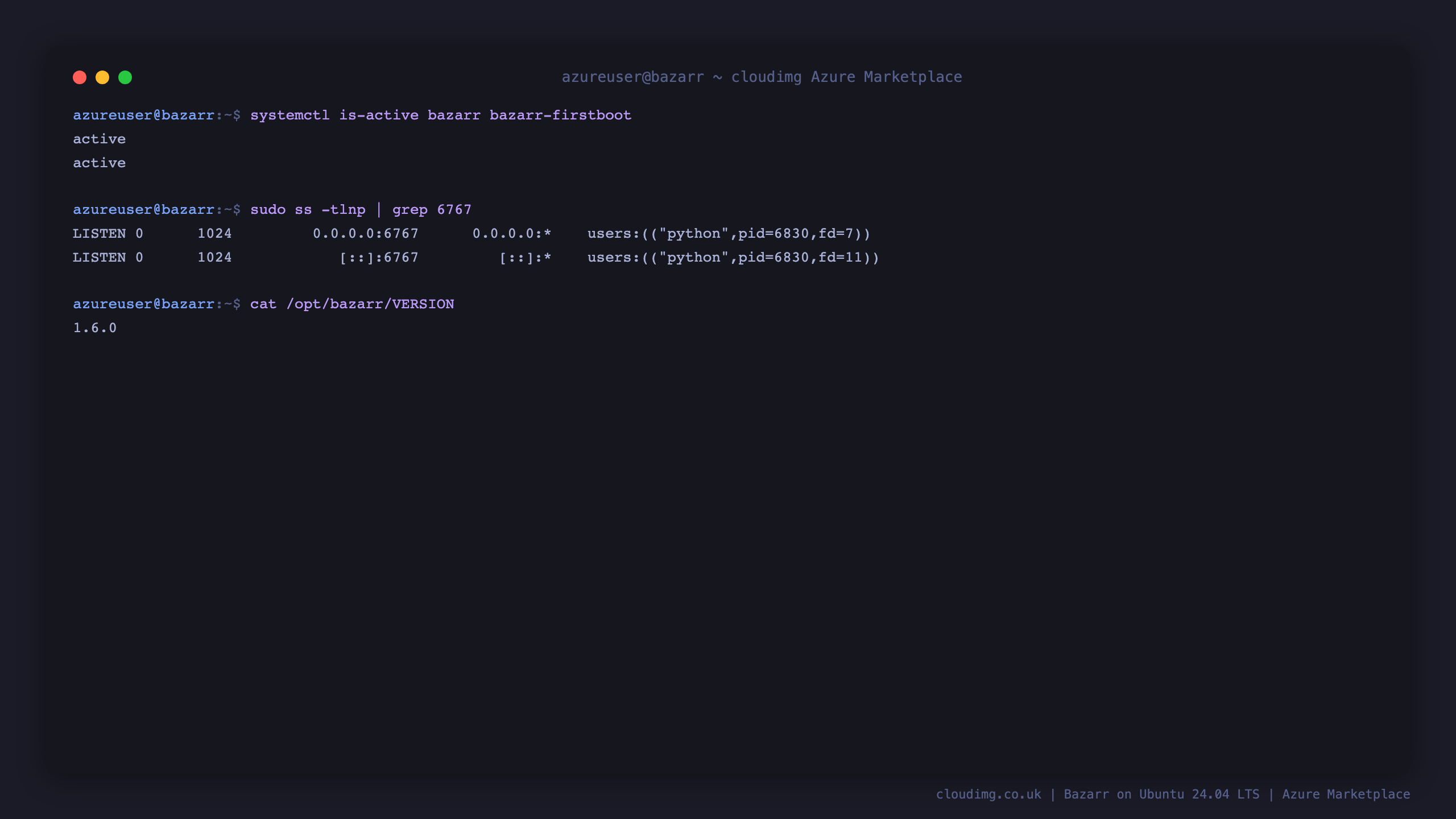 systemctl reporting bazarr and bazarr-firstboot as active, ss showing the python process listening on port 6767, and the VERSION file reporting 1.6.0