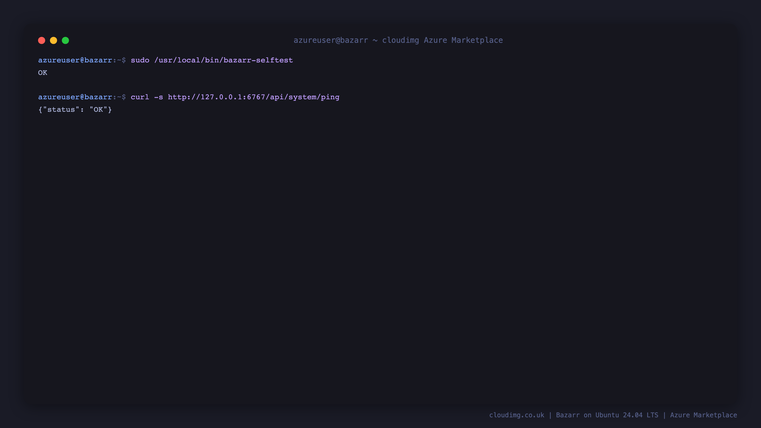 The bazarr-selftest output reporting OK, and the unauthenticated ping endpoint returning a JSON document with status OK