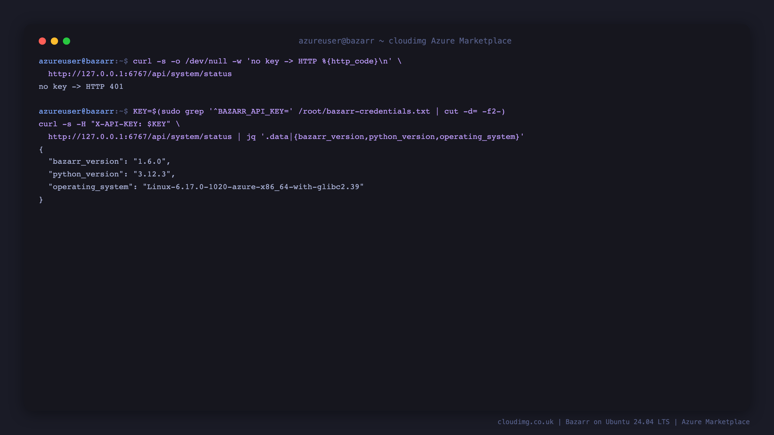 curl showing an unauthenticated request to the system status API returning HTTP 401, and an authenticated request with the per VM API key returning bazarr_version 1.6.0, python_version 3.12.3 and the operating system string