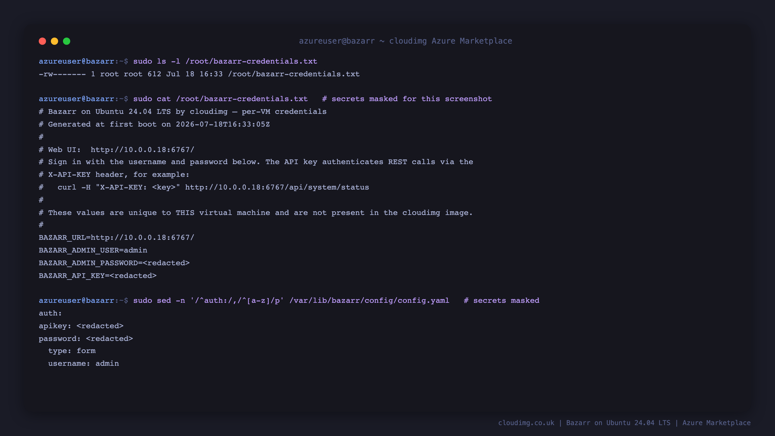 ls showing bazarr-credentials.txt as mode 600 owned by root, the credentials file with the password and API key redacted, and the config auth section reporting type form, the admin username, and a redacted apikey and password digest