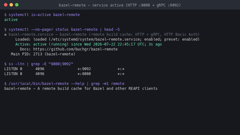 The bazel-remote build cache active under systemd and listening on TCP 8080 and 9092