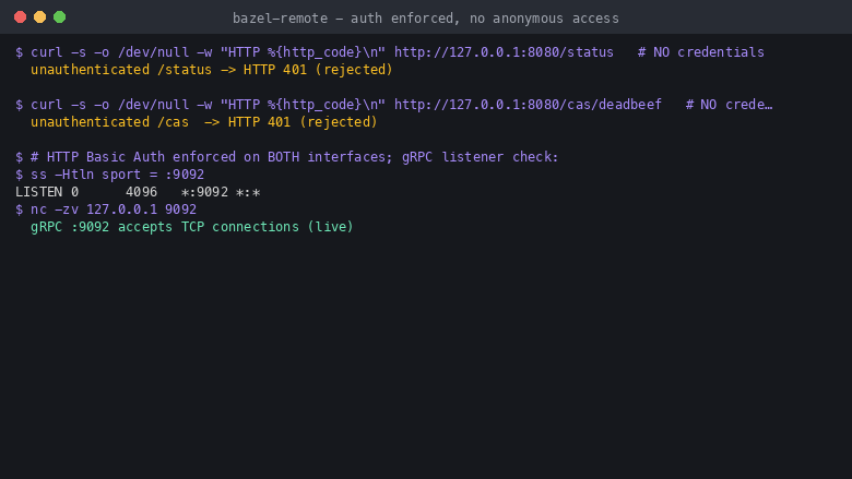 bazel-remote rejecting unauthenticated requests with 401 on both endpoints