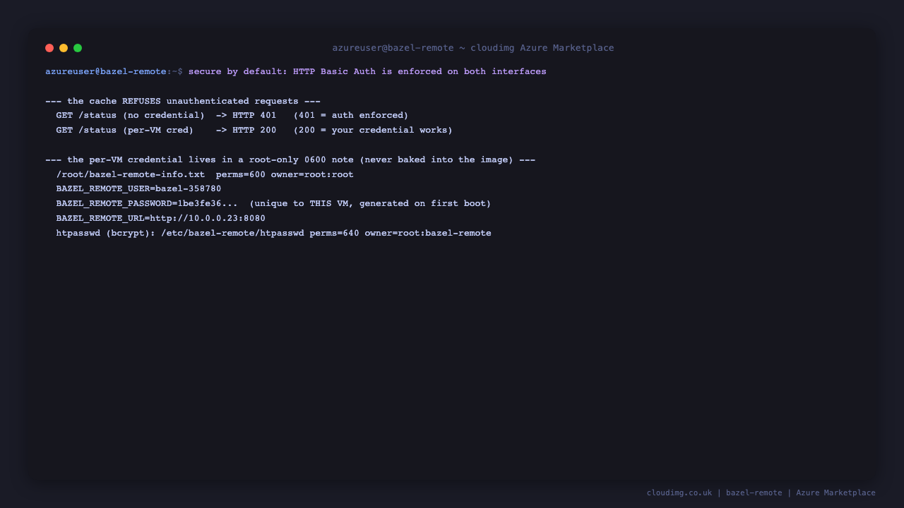 Terminal showing the root only credential note with mode 0600, an unauthenticated request rejected with HTTP 401 and the per VM username and password accepted with HTTP 200