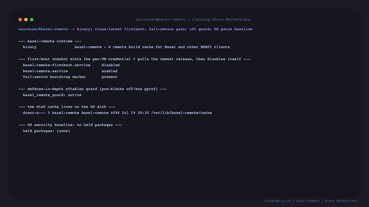 Terminal showing the bazel-remote binary, the first boot and cache services enabled, the cache directory on the OS disk and a clean OS security baseline with no held packages