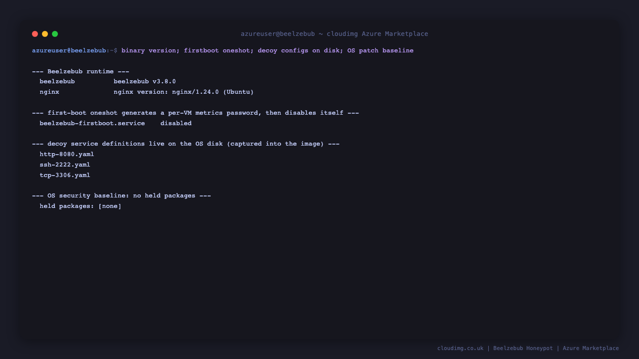 Terminal showing the Beelzebub binary version, the first boot service, the decoy service definitions on disk and a clean OS security baseline with no held packages