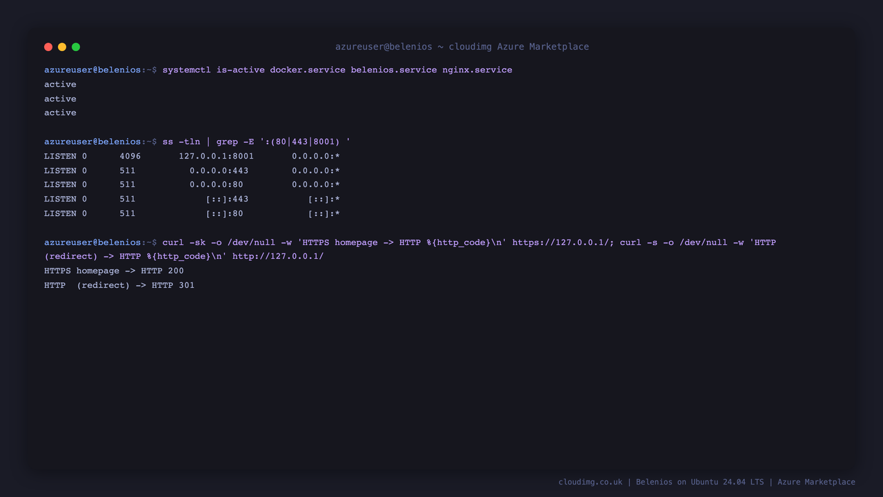 Belenios services, loopback + nginx binding, and HTTPS health on the VM
