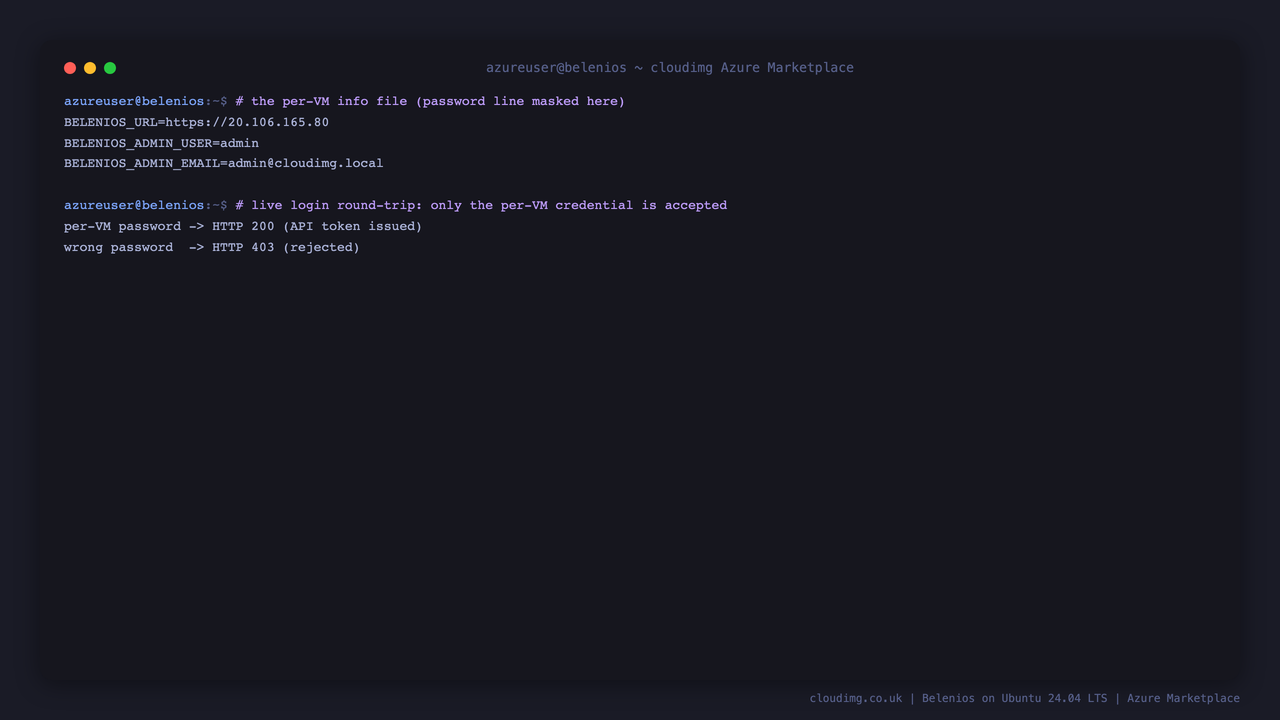 Secure by default: the per-VM info file and a live login round-trip