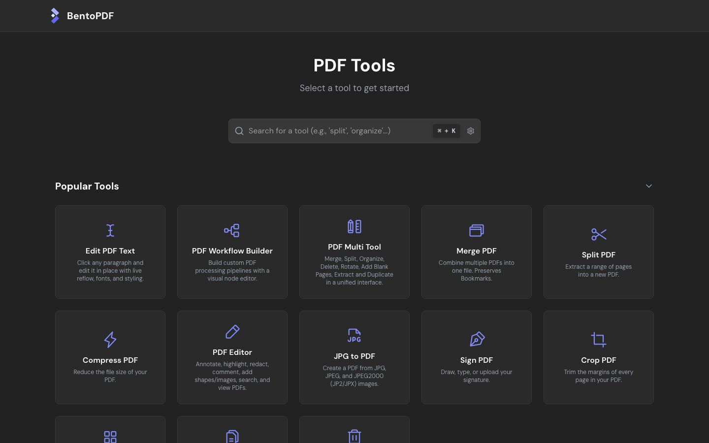 The BentoPDF home page with the tool search box and cards for Edit PDF Text, the PDF Workflow Builder, PDF Multi Tool, Merge PDF, Split PDF, Compress PDF, PDF Editor, JPG to PDF, Sign PDF and Crop PDF
