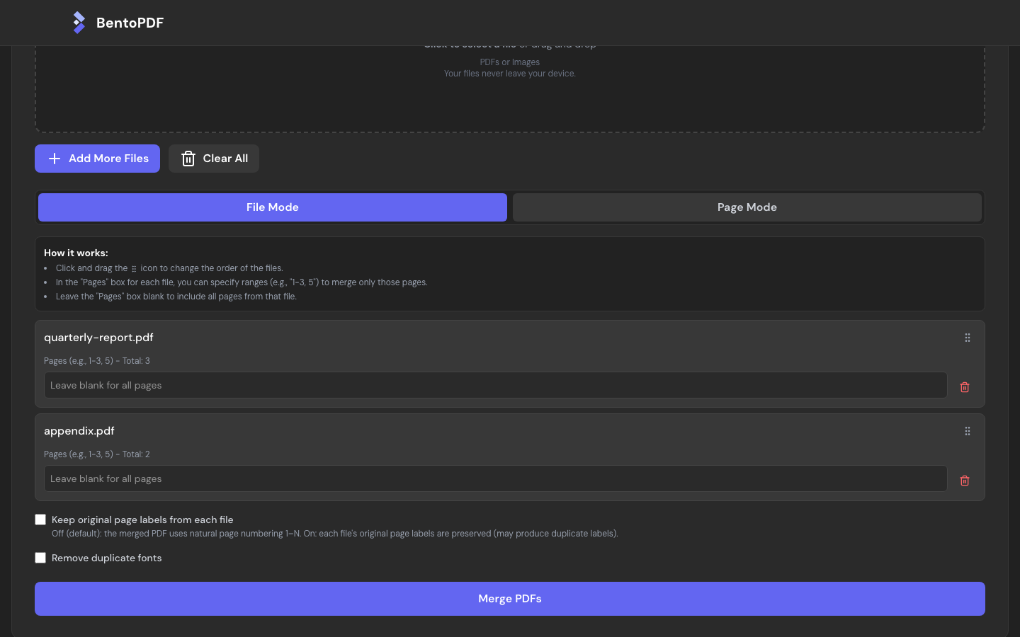 The BentoPDF Merge PDF tool with quarterly-report.pdf and appendix.pdf loaded, a page range box for each file and the Merge PDFs button