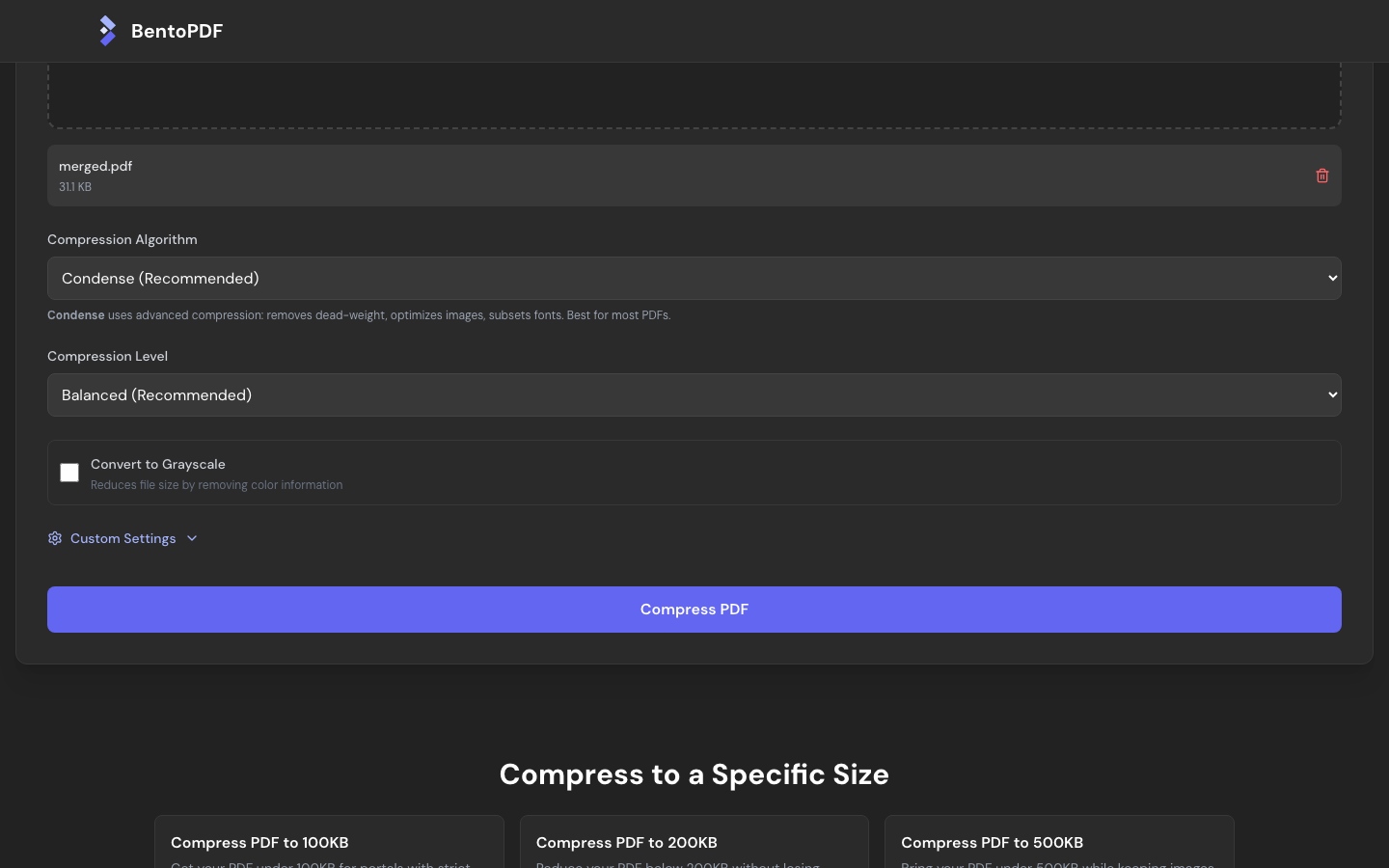 The BentoPDF Compress PDF tool with merged.pdf loaded and the Condense algorithm and Balanced level selected