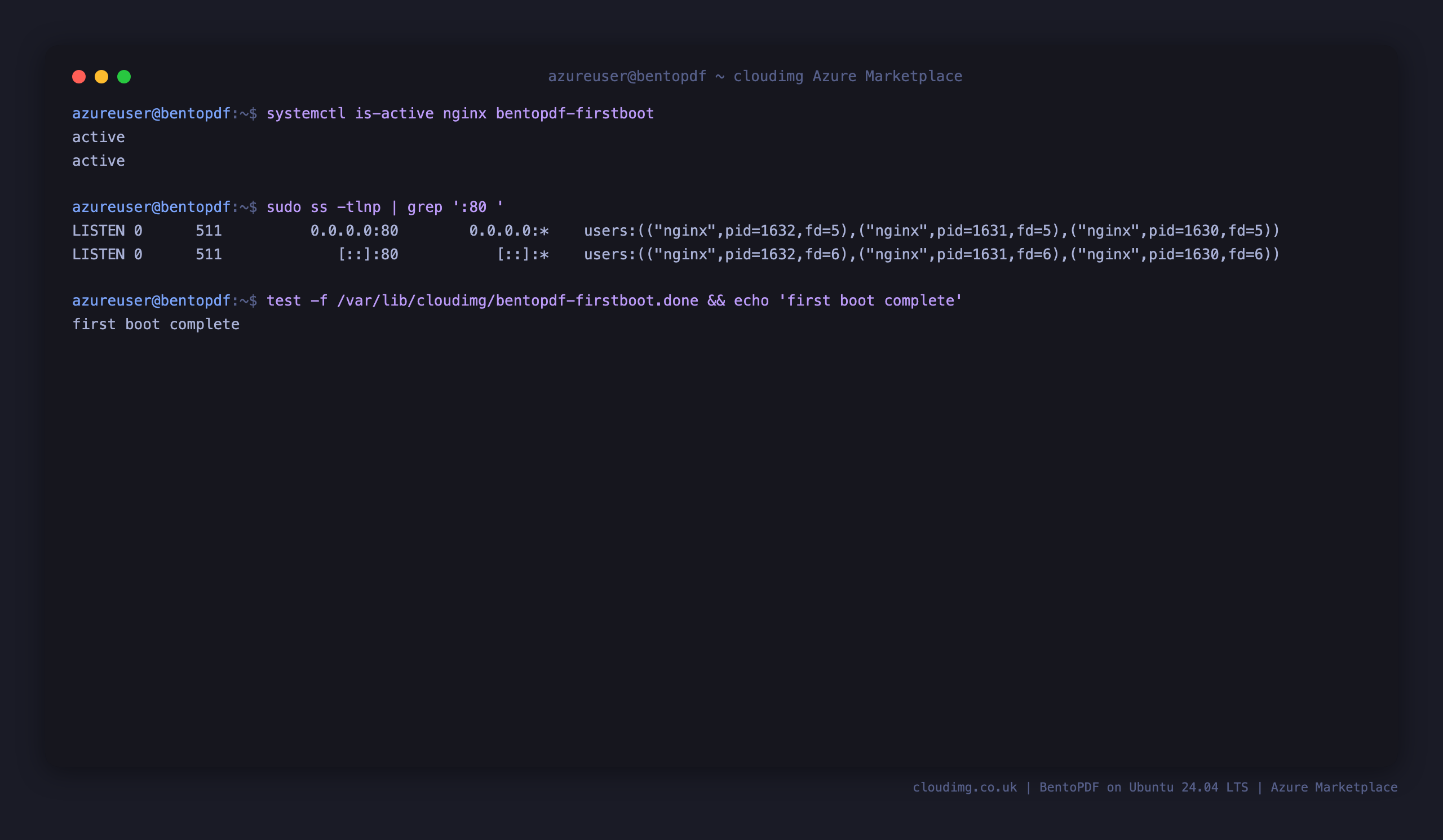 nginx and bentopdf-firstboot services active, nginx listening on port 80, first boot complete