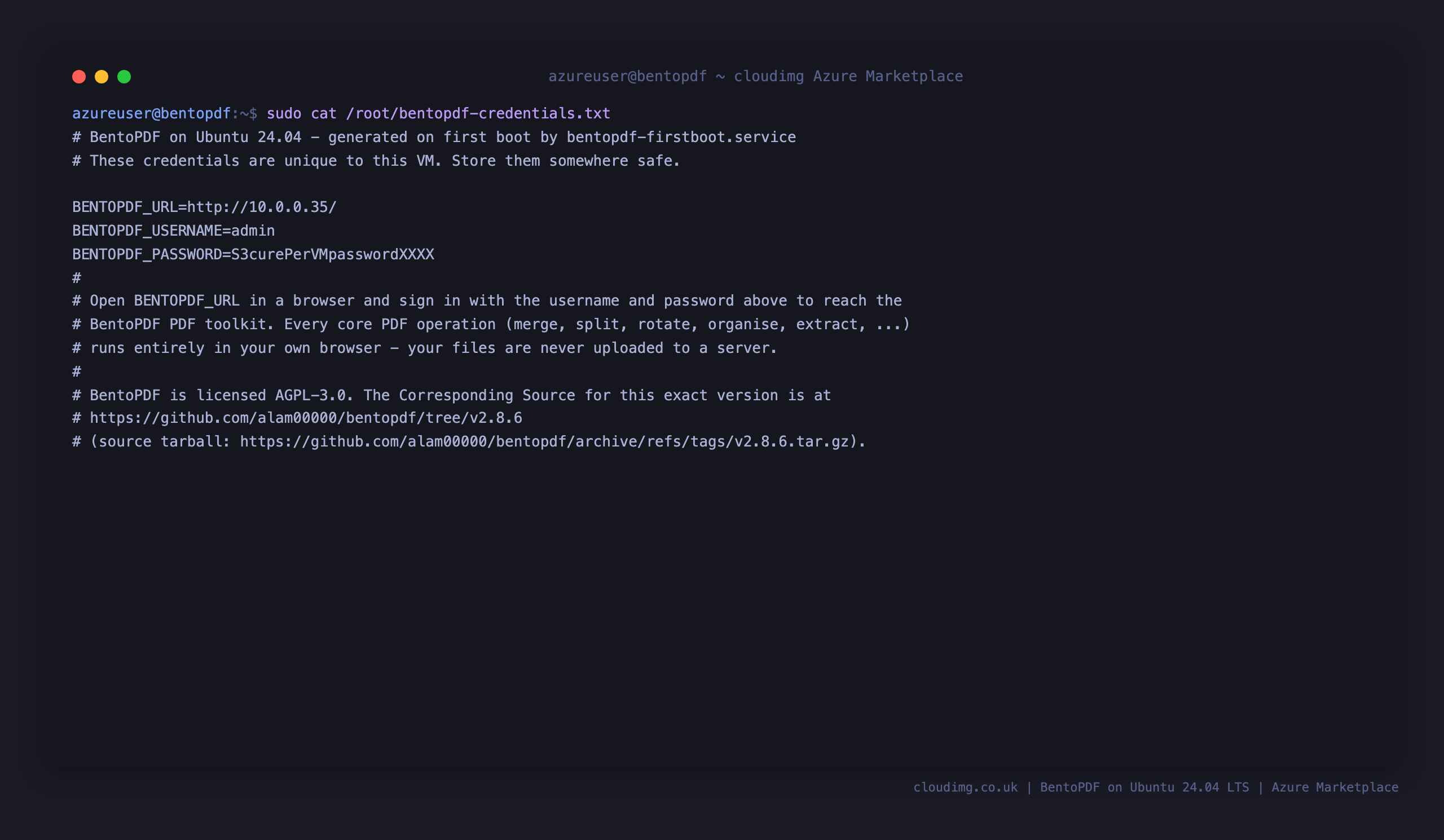 The per-VM credentials file, mode 0600 root:root, with the generated admin password and the AGPL source link