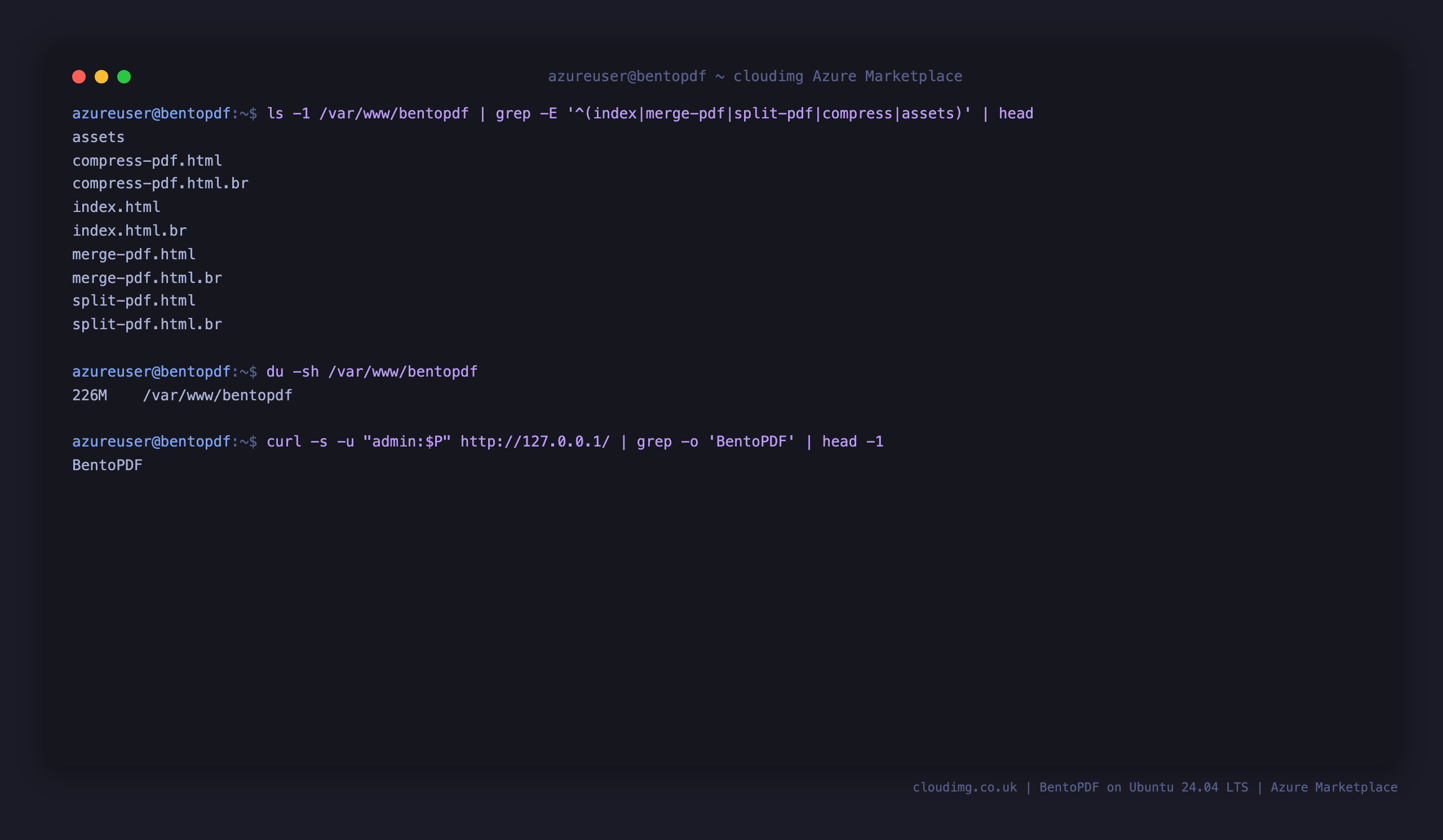 The BentoPDF static bundle on disk under /var/www/bentopdf